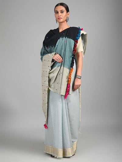 Women Black-Grey Handwoven Bhujodi Wool Shawl