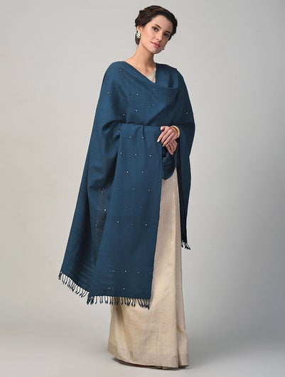 Women Blue Handwoven Bhujodi Wool Shawl