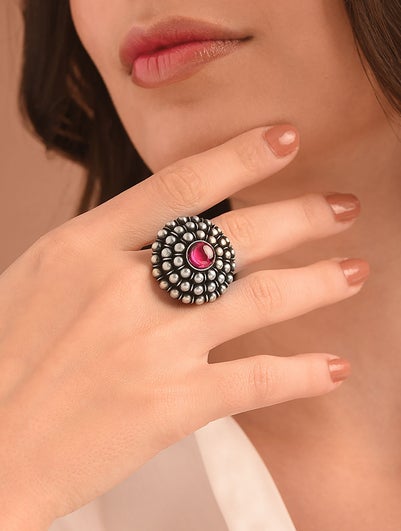 Women Pink Kempstone Encrusted Tribal Silver Ring