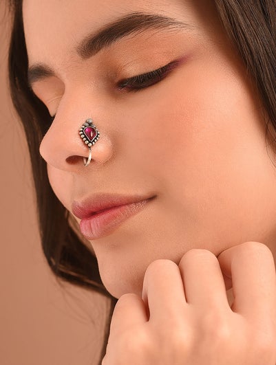 Women Pink Kempstone Encrusted Tribal Silver Nose Pin