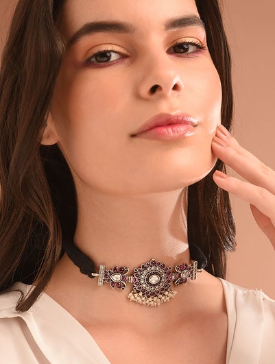 Women Pink Kempstone Encrusted Tribal Silver Necklace