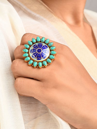 Women Turquoise Enameled Gold Tone Silver Ring