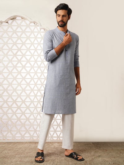 Men Blue Handspun Long Cotton Kurta