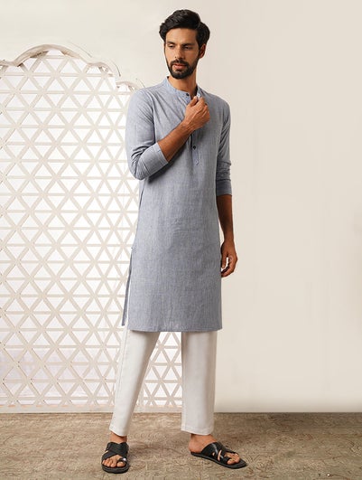 Men Blue Handspun Long Cotton Kurta - 42