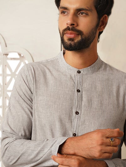 Men White Cotton Handwoven Regular Fit Kurta