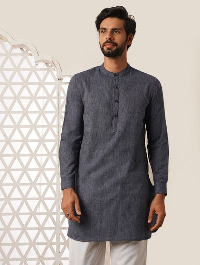 Men Blue Cotton Handwoven Round Neck Regular Fit Kurta