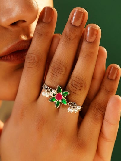 Women Pink Green Tribal Silver Kundan Ring