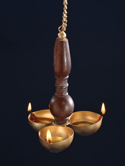 Golden Metal And Wooden Hanging Tea Light Holder With 3 Diyas