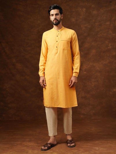 Men Yellow Cotton Regular Fit Kurta