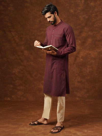 Men Maroon Red Cotton Round Neck Regular Fit Kurta