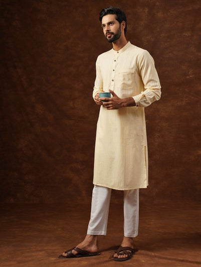 Men Ivory Cotton Round Neck Regular Fit Kurta - 38