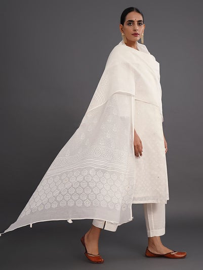 Women Off White_Cream Cotton Silk Block Print Collection Dupatta