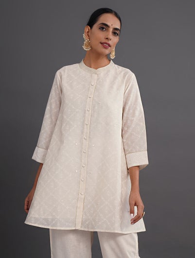 Women Off White_Cream Cotton Embroidered Round Neck Regular Fit Tunic - L