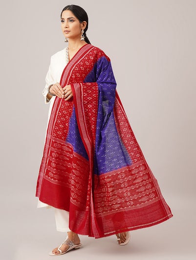 Women Red Handwoven Sambalpuri Ikat Cotton Dupatta