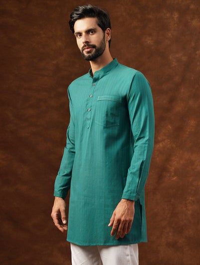 Men Teal Blue Cotton Round Neck Regular Fit Kurta