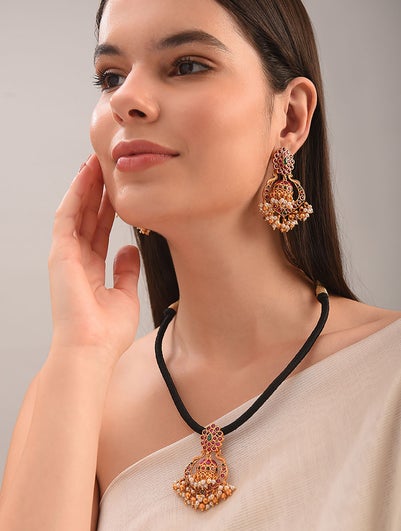 Women Pink Green Gold Tone Temple Necklace With Earring