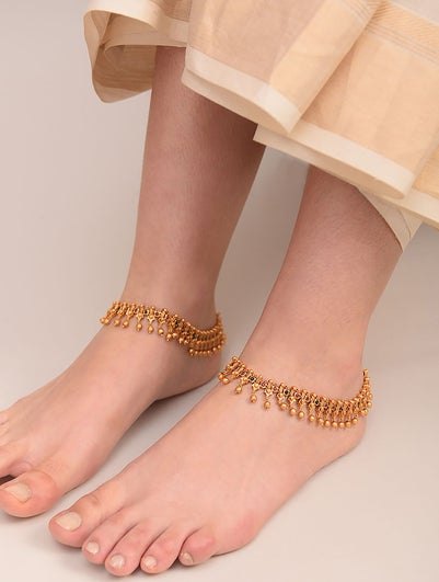 Women Pink Green Gold Tone Temple Anklets