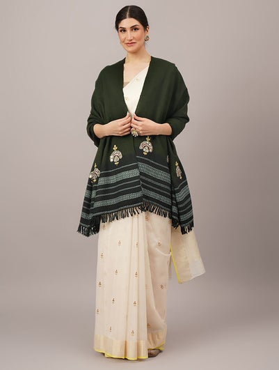 Women Green Handwoven Hand Emroidered Wool Shawl