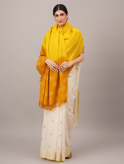 Women Yellow Handwoven Bandhani Wool Shawl