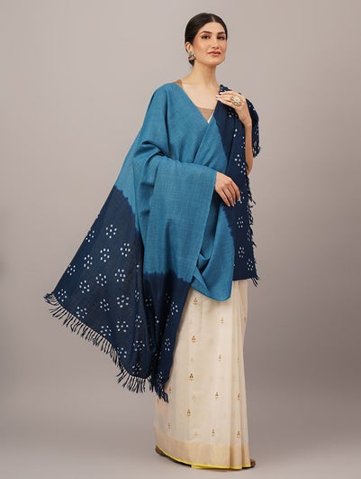 Women Blue Handwoven Bandhani Wool Shawl