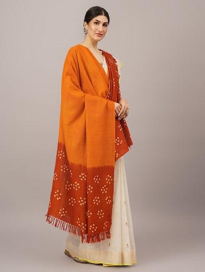 Women Orange Handwoven Bandhani Wool Shawl