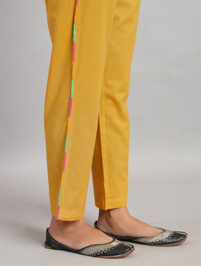 Women Mustard Yellow Cotton Solid Ankle Length Regular Fit Pant