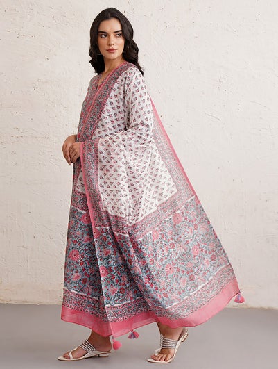 Women White Cotton Silk Block Print Collection Dupatta