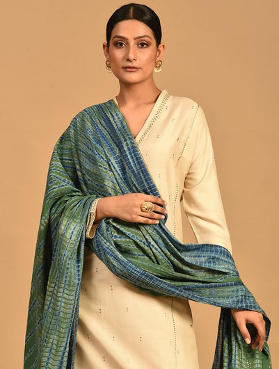 Women Blue-Green Shibori Cotton Dupatta With Mukaish