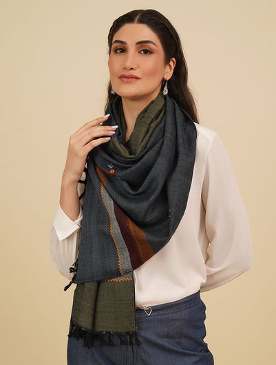 Women Multicolour Handwoven Wool Stole With Soof Embroidery