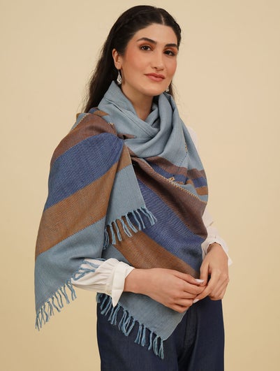 Women Multicolour Handwoven Wool Stole With Soof Embroidery