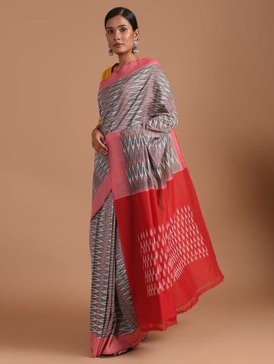 Women Red Handwoven Ikat Cotton Saree