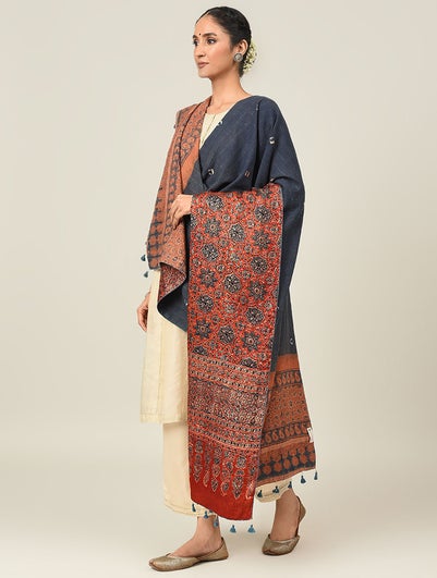 Women Multicolour Ajrakh Bandhani Wool Mashru Reversible Shawl With Kantha