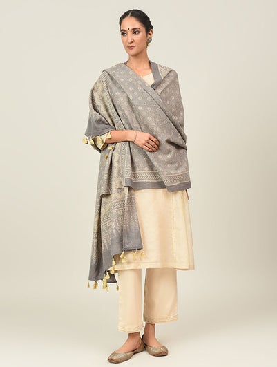 Women Beige Handwoven Ajrakh Wool Shawl