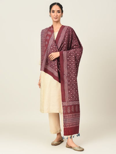 Women Maroon Handwoven Ajrakh Wool Shawl