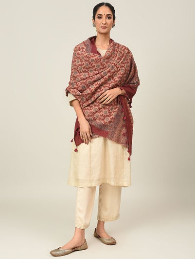 Women Pink Handwoven Ajrakh Wool Shawl