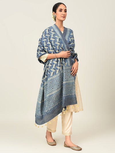 Women Blue Handwoven Ajrakh Wool Shawl