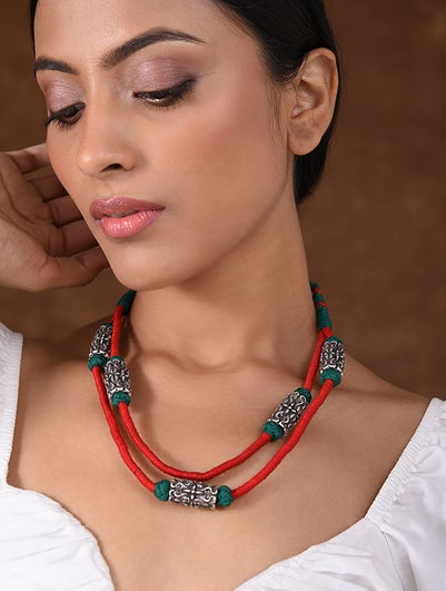 Women Red Green Tribal Silver Short Necklace