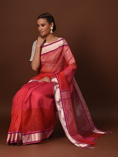 Women Red Handwoven Maheshwari Silk Cotton Saree