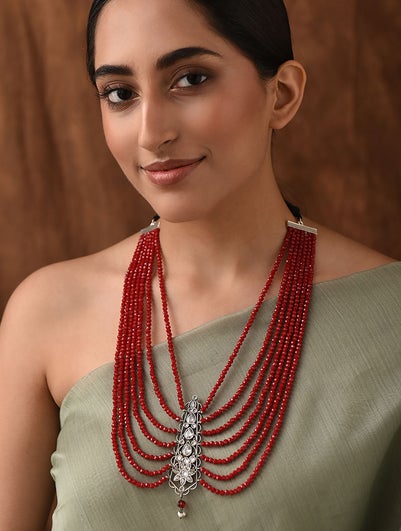 Women Red Silver Tone Tribal Necklace