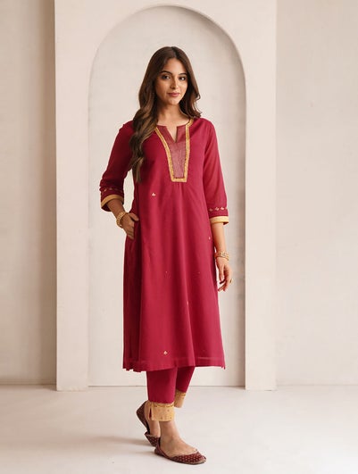 Women Red Cotton Hand Embroidery Round Neck Regular Fit Kurta - M