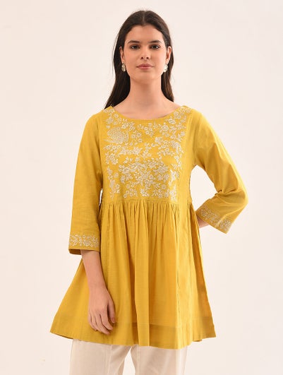 Women Mustard Yellow Cotton Embroidered Round Neck Regular Fit Tunic