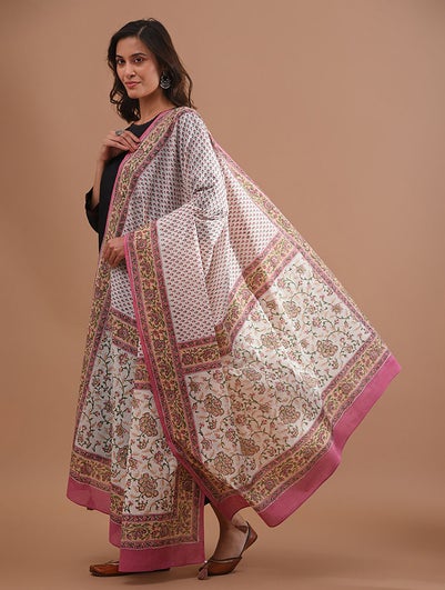 Women Multicolor Block Printed Cotton Dupatta With Tassels