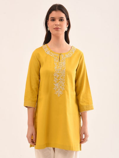 Women Mustard Yellow Cotton Embroidered Round Neck Regular Fit Tunic - XS