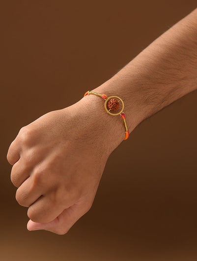 Women Orange Red Gold Tone Silver Bracelet With Rudraksh