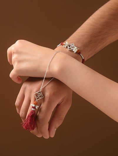 Women Red Silver Bracelets With Rudraksh