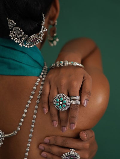 Women Turquoise Tribal Silver Ring