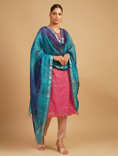 Women Blue Handwoven Benarasi Silk Dupatta