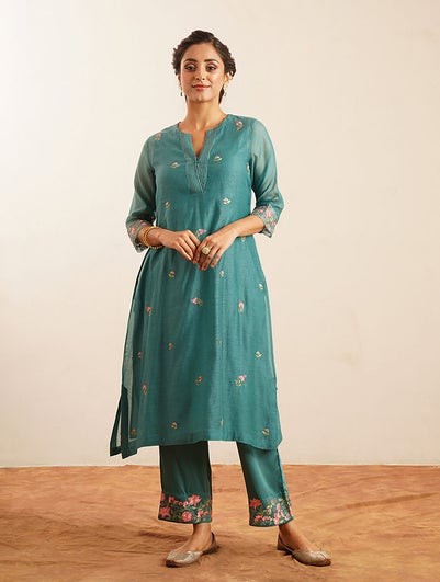 Women Teal Blue Cotton Silk U Neck Kurta And Slip - XS