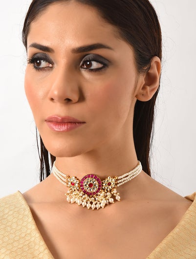 Women Pink Gold Tone Choker Necklace With Pearls