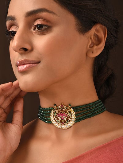 Women Green Pink Gold Tone Kundan Choker Necklace